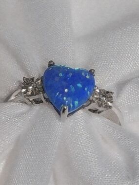 Sterling Silver Heart Blue Opal Ring Size 5 with Side Accents